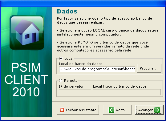 Assistente de configuração: tela Dados, com as opções Local e Remoto