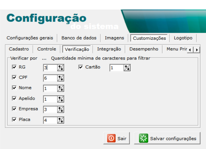 Tela de configuração, aba Customizações › Verificação