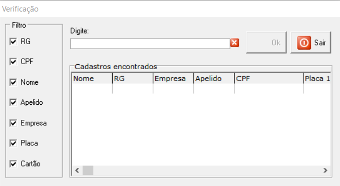 Tela de verificação com os filtros de pesquisa